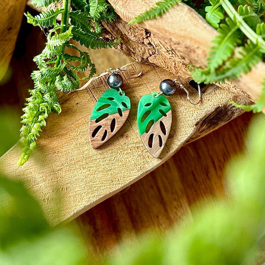 Wooden Swiss Cheese Plant Earrings