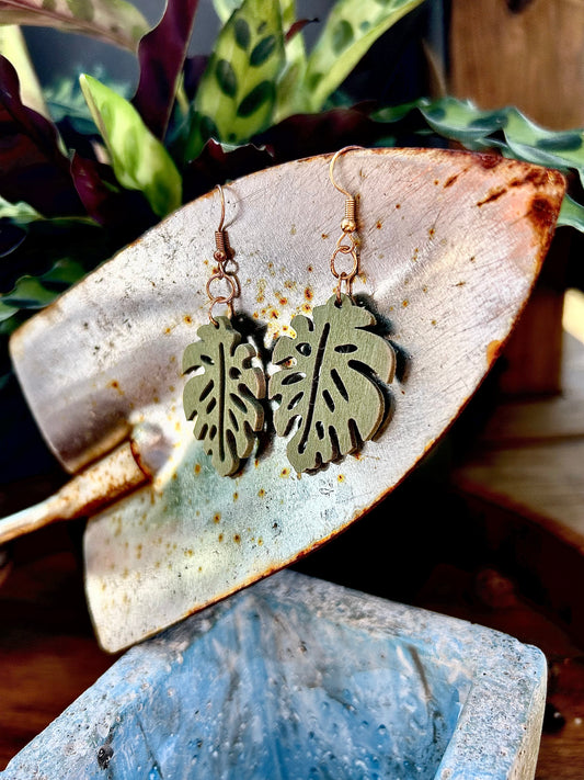 Wooden Monstera Earrings