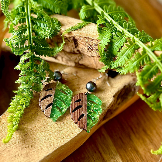 Wood & Green Gold Flake Monstera Earrings